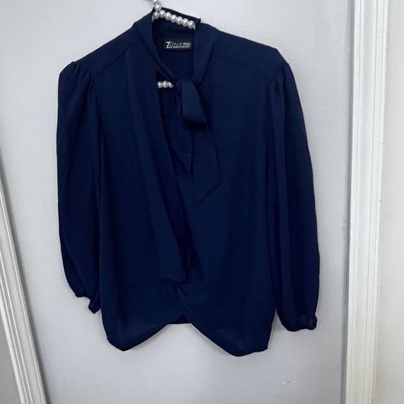 New York & Company Tops - New York & Company Dark Blue Long Sleeve Tie neck Blouse Size: Small